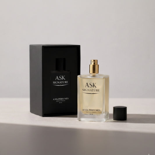 A.S.K. Perfumes 'Signature' perfume bottle and packaging on a light gray background