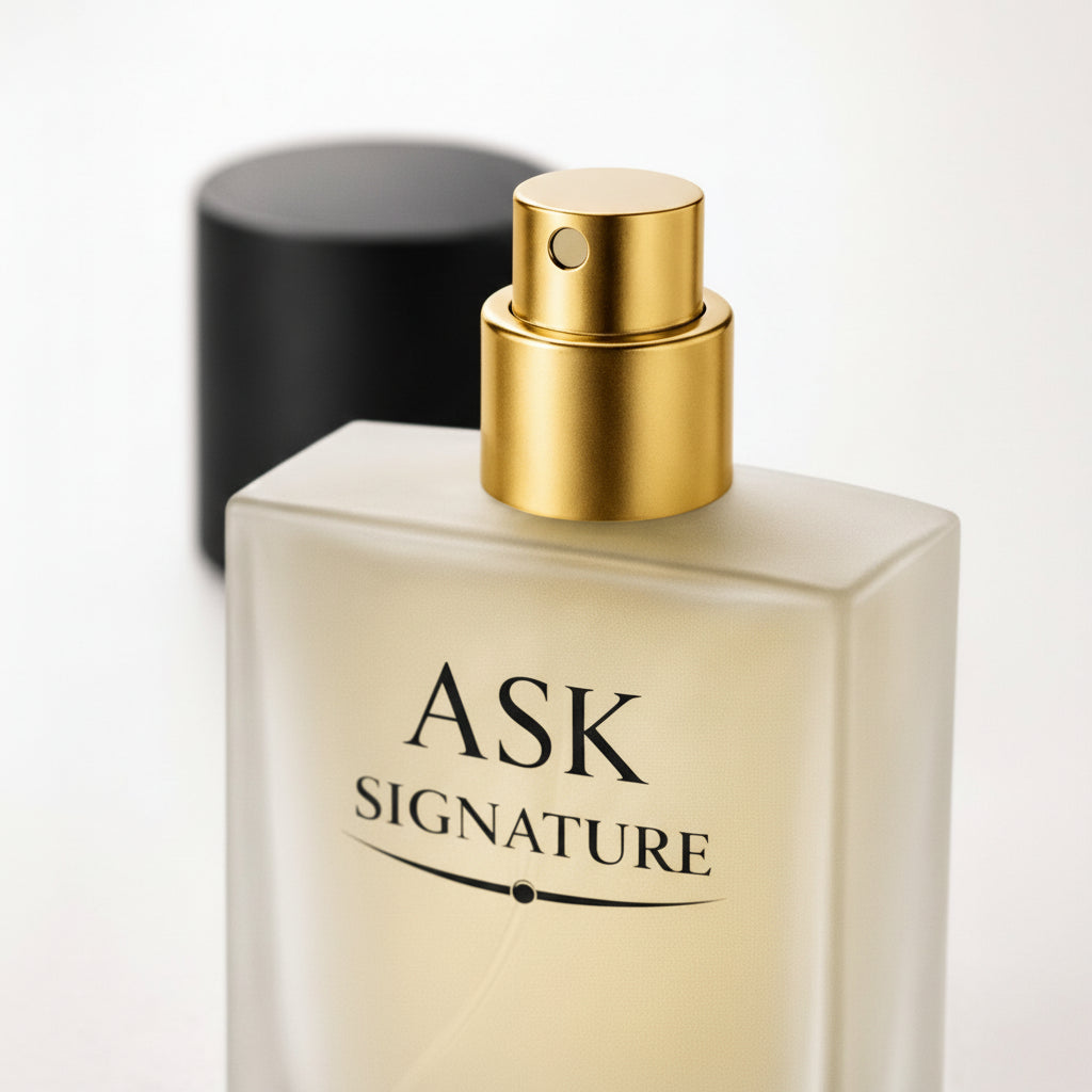 Perfume bottle with gold cap labeled 'ASK Signature' on a white background